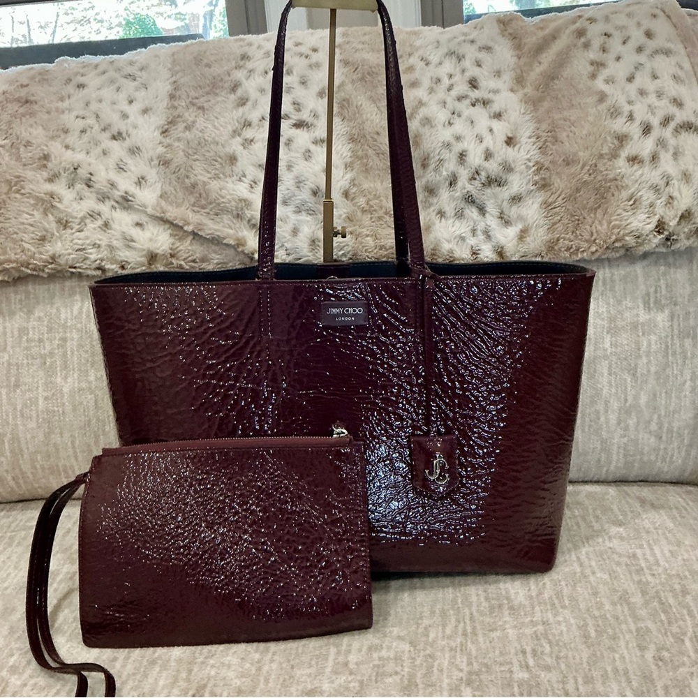 ✨💎Jimmy Choo💎✨Burgundy Patent Leather Tote with Matching Pouch